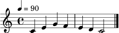 
\relative c' { \tempo 4 = 90 \clef treble \key c \major \time 4/4 c4 e g f | e d c2 \bar "|." }
