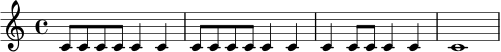 \relative c' {
\time 4/4
c8 c c c c4 c |
c8 c c c c4 c |
c4 c8 c c4 c |
c1 |
}