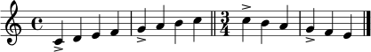 \relative c' { \time 4/4 c4-> d e f | g-> a b c | \bar "||" \time 3/4 c4-> b a | g-> f e | \bar "|." }