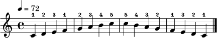 \relative c' {
\time 4/4
\key c \major
\tempo 4 = 72
c4-1 d-2 e-3 f-1 | g-2 a-3 b-4 c-5 | c-5 b-4 a-3 g-2 | f-1 e-3 d-2 c-1 \bar "|."
}