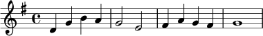 \relative c' {
\key g \major
\time 4/4
d4 g b a | g2 e | fis4 a g fis | g1
}