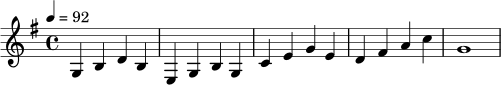 \relative c' {
\key g \major
\time 4/4
\tempo 4 = 92
g4 b d b | e,4 g b g | c4 e g e | d4 fis a c |
g1
}