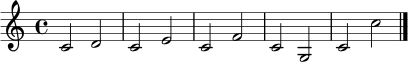 \relative c' { \clef treble \time 4/4 c2 d | c e | c f | c g | c c' \bar "|." }