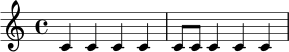 
\drummode {
  \time 4/4
  bd4 sn bd sn |
  bd8 bd sn4 bd sn |
}
