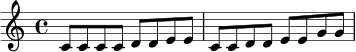 \relative c' {
\key c \major
\time 4/4
c8 c c c d d e e |
c8 c d d e e g g |
}