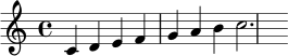 \relative c' { \clef treble \key c \major \time 4/4 c4 d e f | g a b c2. | }