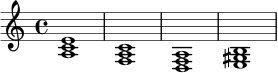 
\relative c' {
  \key a \minor
  \time 4/4
  <a c e>1 |
  <f a c>1 |
  <d f a>1 |
  <e gis b>1 |
}
