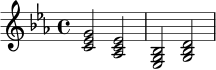 \relative c' {
\key c \minor
\time 4/4
<c ees g>2 <aes c ees> |
<ees g bes>2 <g bes d> |
}