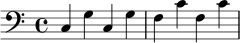 
\relative c {
  \clef bass
  \time 4/4
  c4 g' c, g' | f c' f, c'
}

