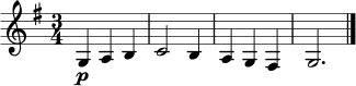 \relative c' {
\set Staff.midiInstrument = "oboe"
\clef treble
\key g \major
\time 3/4
g4\p a b | c2 b4 | a4 g fis | g2. \bar "|."
}