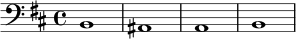 
\relative c {
  \clef bass
  \key b \minor
  \time 4/4
  b1 ais a b
}
