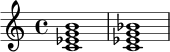 \relative c' {
\time 4/4
<c ees g b>1
<c ees g bes>1
}