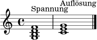 \relative c' {
\clef treble
\time 4/4
\key c \major
<g b d f>1^\markup { "Spannung" }
<c e g>1^\markup { "Auflösung" }
\bar "|."
}