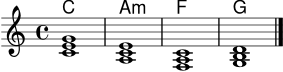 \score {
<<
\new ChordNames \chordmode { c1 a:m f g }
\new Staff \relative c' { \key c \major \time 4/4 <c e g>1 | <a c e>1 | <f a c>1 | <g b d>1 \bar "|." }
>>
\layout { }
\midi { \tempo 4 = 80 }
}