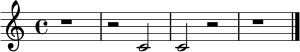 \version "2.22.0"
\paper { indent = 0 }
\score {
\new Staff {
\clef treble
\time 4/4
r1 |
r2 c'2 |
c'2 r2 |
r1 |
\bar "|."
}
\layout { }
\midi { \tempo 4 = 72 }
}