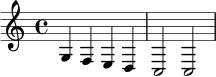\relative c' { \clef treble \key c \major \time 4/4 g4 f e d | c2 c | }
