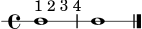 
\version "2.24.0"
\header { tagline = ##f }
\score {
  \new RhythmicStaff {
    \time 4/4
    c1^\markup { "1 2 3 4" } |
    c1 |
    \bar "|."
  }
  \layout { ragged-right = ##t }
  \midi { \tempo 4 = 60 }
}
