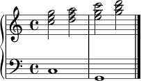 \version "2.22.0"
right = \relative c'' {
\clef treble
\time 4/4
<c e g>2 <d f a>2
<e g c>2 <g b d>2
\bar "|."
}
left = \relative c {
\clef bass
\time 4/4
c1
g1
}
\score {
\new PianoStaff <<
\new Staff = "rechteHand" \right
\new Staff = "linkeHand" \left
>>
\layout { }
\midi { }
}