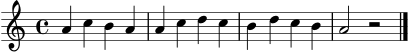 \score {
\new Staff {
\clef treble
\key a \minor
\time 4/4
a'4 c'' b' a' a'4 c'' d'' c'' b'4 d'' c'' b' a'2 r2 \bar "|."
}
\layout { }
\midi { \tempo 4 = 84 }
}