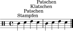 \relative c' {
\clef percussion
\time 4/4
c4^\markup { "Stampfen" } d^\markup { "Patschen" } e^\markup { "Klatschen" } d^\markup { "Patschen" } |
c4 d e d
\bar "|."
}