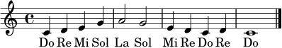 \relative c' { \time 4/4 \key c \major c4 d e g | a2 g2 | e4 d c d | c1 \bar "|." }
\addlyrics { Do Re Mi Sol La Sol Mi Re Do Re Do }