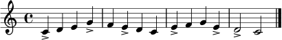 \relative c' {
\clef treble
\time 4/4
\key c \major
c4-> d e g-> | f e-> d c | e-> f g e-> | d2-> c2 \bar "|."
}