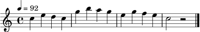 \relative c'' {
\clef treble
\key c \major
\time 4/4
\tempo 4 = 92
c4 e d c | g' b a g | e g f e | c2 r2
\bar "|."
}