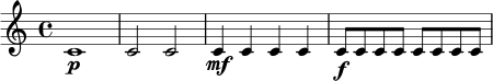 \relative c' {
\time 4/4
c1\p | c2 c | c4\mf c c c | c8\f c c c c c c c |
}