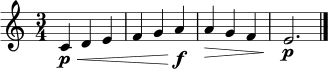 \relative c' {
\clef treble
\time 3/4
c4\p\< d e |
f4 g a\f |
a4\> g f |
e2.\p \bar "|."
}