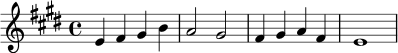 \relative c' {
\key e \major
\time 4/4
e4 fis gis b |
a2 gis |
fis4 gis a fis |
e1
}