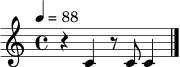 \relative c' {
\clef treble
\time 4/4
\tempo 4 = 88
r4 c4 r8 c8 c4 \bar "|."
}