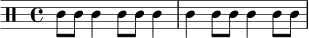 
\relative c' {
  \clef percussion
  \time 4/4
  c8 c c4 c8 c c4 |
  c4 c8 c c4 c8 c
}
