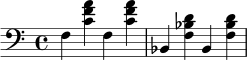 \relative c {
\time 4/4
\clef bass
f4 <c' f a> f, <c' f a> | bes, <f' bes d> bes, <f' bes d> |
}