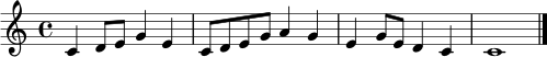 \relative c' {
\clef treble
\key c \major
\time 4/4
c4 d8 e g4 e | c8 d e g a4 g | e4 g8 e d4 c | c1 \bar "|."
}