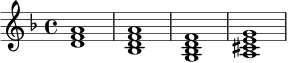 \relative c' {
\key d \minor
\time 4/4
<d f a>1 |
<bes d f a>1 |
<g bes d f>1 |
<a cis e g>1 |
}