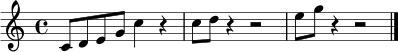 \relative c' { \time 4/4 c8 d e g c4 r4 | c8 d r4 r2 | e8 g r4 r2 \bar "|." }