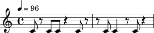 \relative c' {
\time 4/4
\tempo 4 = 96
c8 r8 c8 c8 r4 c8 r8 |
r8 c8 c4 r8 c8 r4 |
}