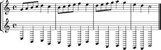 \version "2.24.0"
\score {
\new StaffGroup <<
\new Staff \relative c'' { \key c \major \time 4/4 g8 a b c d4 c | b8 c d e f4 e | d8 e f g a4 g | e d c2 \bar "|." }
\new Staff \relative c { \key c \major \time 4/4 c4 g a e | f c d g | e b c g | a g c2 \bar "|." }
>>
\layout { }
\midi { }
}