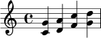 \relative c' {
\time 4/4
<c g'>4 <d a'>4 <f c'>4 <g d'>4 |
}