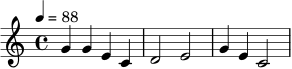 \relative c'' { \set Staff.midiInstrument = "trumpet" \tempo 4 = 88 g4 g e c d2 e g4 e c2 }
