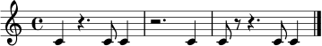 \version "2.22.0"
\paper { indent = 0 }
\score {
\new Staff {
\clef treble
\time 4/4
c'4 r4. c'8 c'4 |
r2. c'4 |
c'8 r8 r4. c'8 c'4 |
\bar "|."
}
\layout { }
\midi { \tempo 4 = 76 }
}