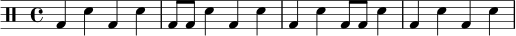 
\new DrumStaff \drummode {
  \time 4/4
  bd4 sn bd sn |
  bd8 bd sn4 bd sn |
  bd4 sn bd8 bd sn4 |
  bd4 sn bd sn |
}
