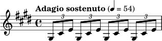 \relative c' {
\clef treble
\key cis \minor
\time 4/4
\tempo "Adagio sostenuto" 4 = 54
\tuplet 3/2 { gis8 cis e }
\tuplet 3/2 { gis, cis e }
\tuplet 3/2 { gis, cis e }
\tuplet 3/2 { gis, cis e }
}