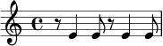 \relative c' {
\time 4/4
r8 e4 e8 r8 e4 e8 |
}