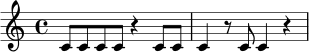 \version "2.24.0"
\relative c' {
\time 4/4
c8 c c c r4 c8 c |
c4 r8 c c4 r4
}