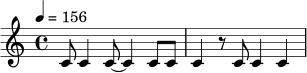 \relative c' {
\time 4/4
\tempo 4 = 156
c8 c4 c8~ c4 c8 c |
c4 r8 c c4 c |
}