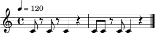 \relative c' {
\time 4/4
\tempo 4 = 120
c8 r c r c4 r |
c8 c r c c4 r |
\bar "|."
}