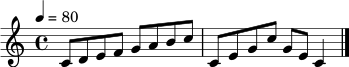 \relative c' {
\clef treble
\key c \major
\time 4/4
\tempo 4 = 80
c8 d e f g a b c
c,8 e g c g e c4
\bar "|."
}