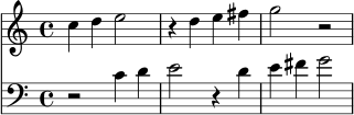 \header { tagline = ##f }
\score {
<<
\new Staff \relative c'' { \clef treble \time 4/4 c4 d e2 | r4 d e fis | g2 r2 | }
\new Staff \relative c' { \clef bass \time 4/4 r2 c4 d | e2 r4 d | e fis g2 | }
>>
\layout { }
\midi { }
}