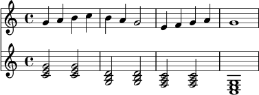 \score {
<<
\new Staff \with { midiInstrument = "flute" } \relative c'' { \clef treble \time 4/4 g4 a b c | b4 a g2 | e4 f g a | g1 }
\new Staff \with { midiInstrument = "acoustic guitar (nylon)" } \relative c' { \clef treble \time 4/4 <c e g>2 <c e g>2 | <g b d>2 <g b d>2 | <f a c>2 <f a c>2 | <c e g>1 }
>>
\layout { }
\midi { \tempo 4 = 84 }
}